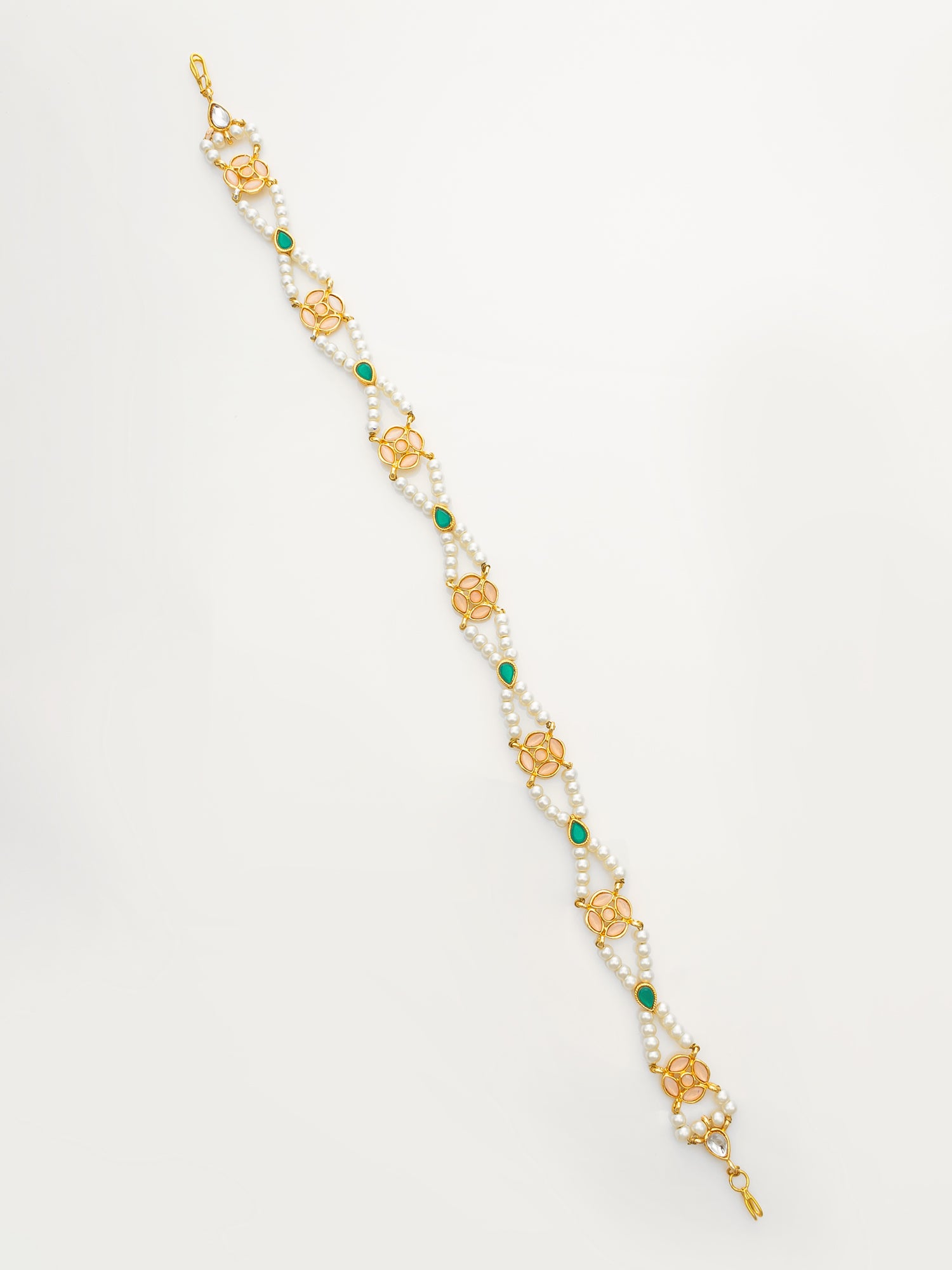 Aadita Gold Plated Green & Peach Pearls Kundan Matha Patti
