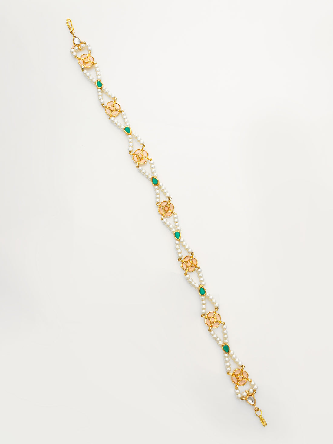 Gold Plated Green & Peach Pearls Kundan Matha Patti