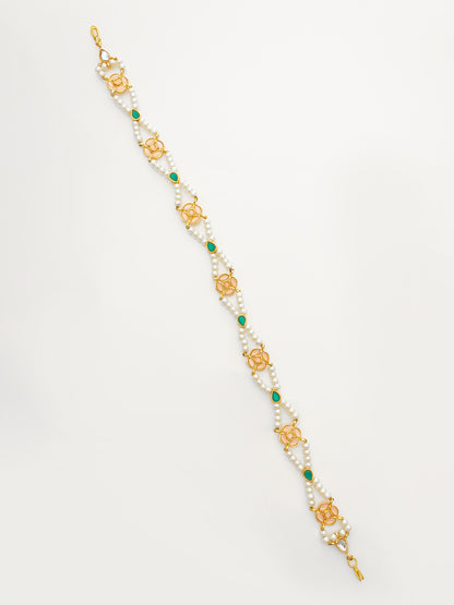 Aadita Gold Plated Green & Peach Pearls Kundan Matha Patti