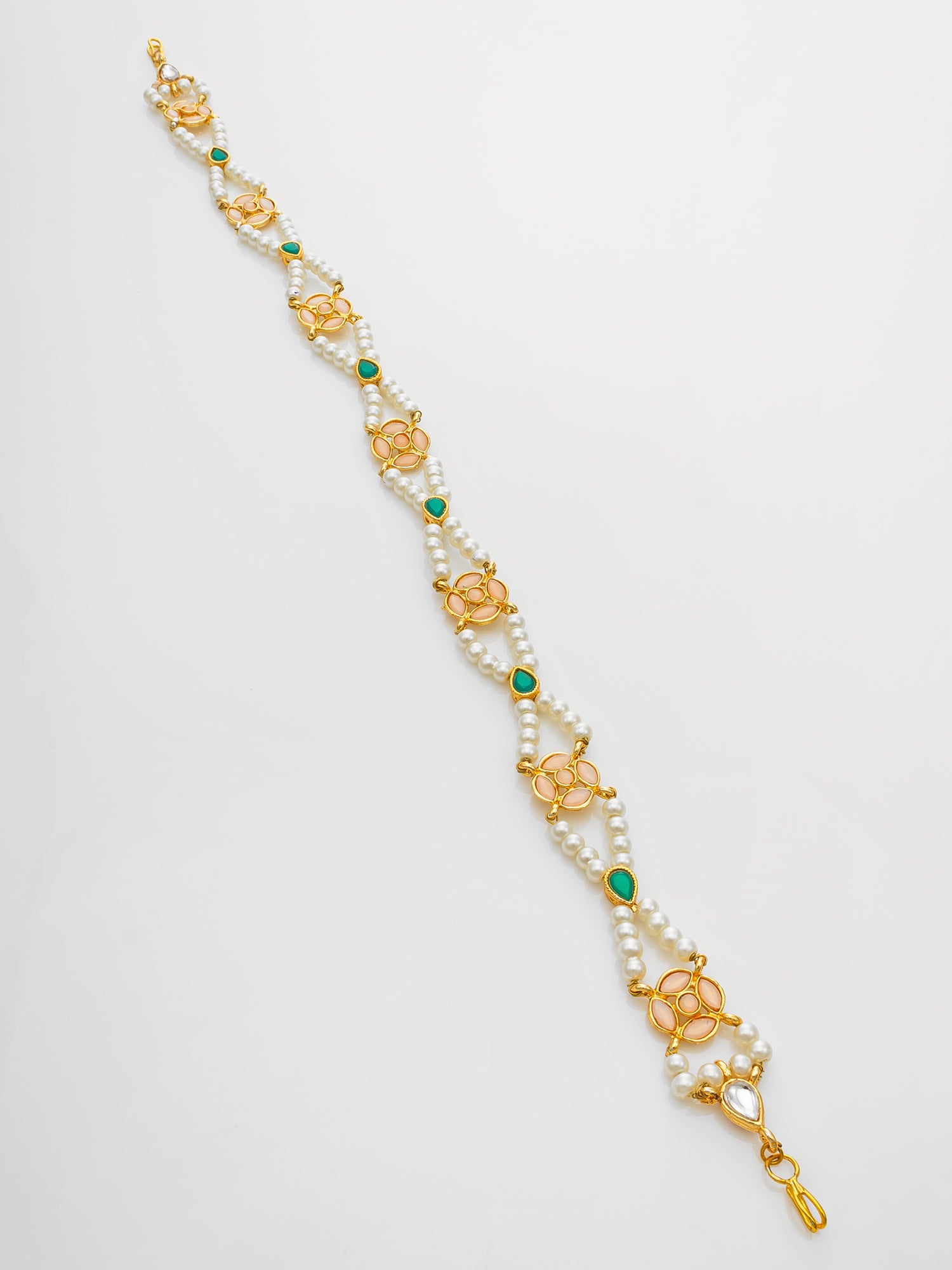 Aadita Gold Plated Green & Peach Pearls Kundan Matha Patti