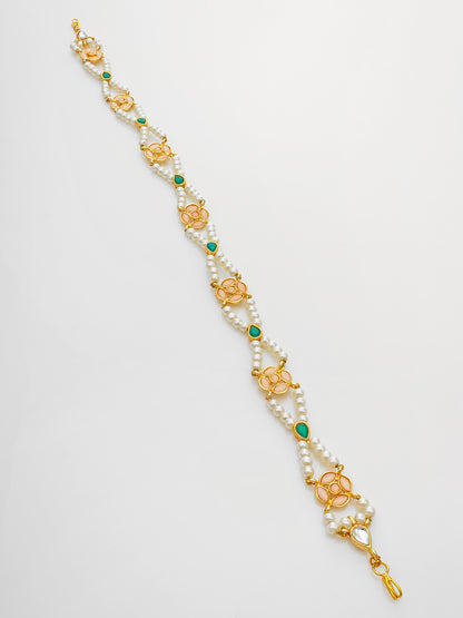 Aadita Gold Plated Green & Peach Pearls Kundan Matha Patti