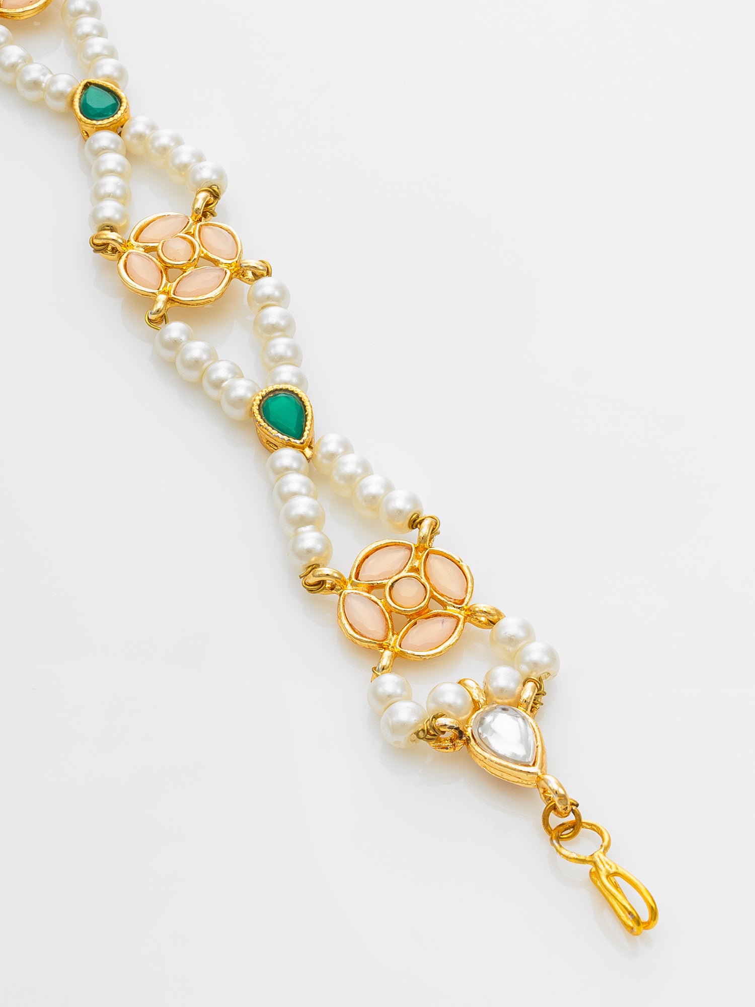 Aadita Gold Plated Green & Peach Pearls Kundan Matha Patti