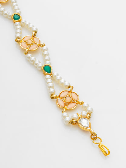 Aadita Gold Plated Green & Peach Pearls Kundan Matha Patti