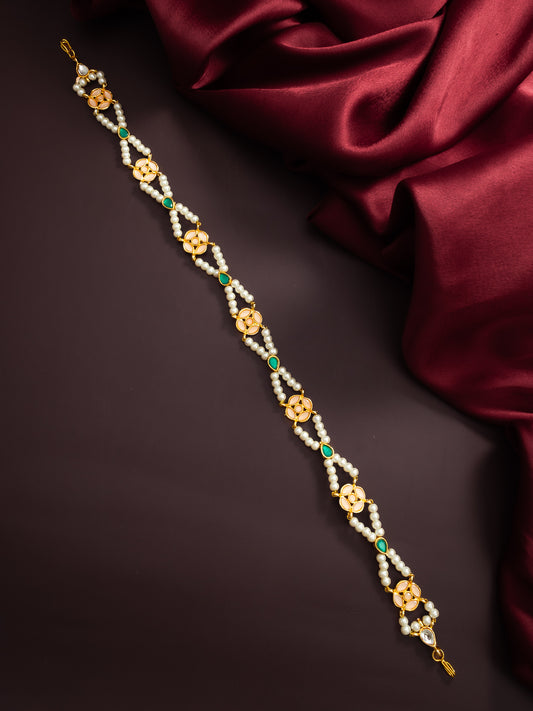 Aadita Gold Plated Green & Peach Pearls Kundan Matha Patti