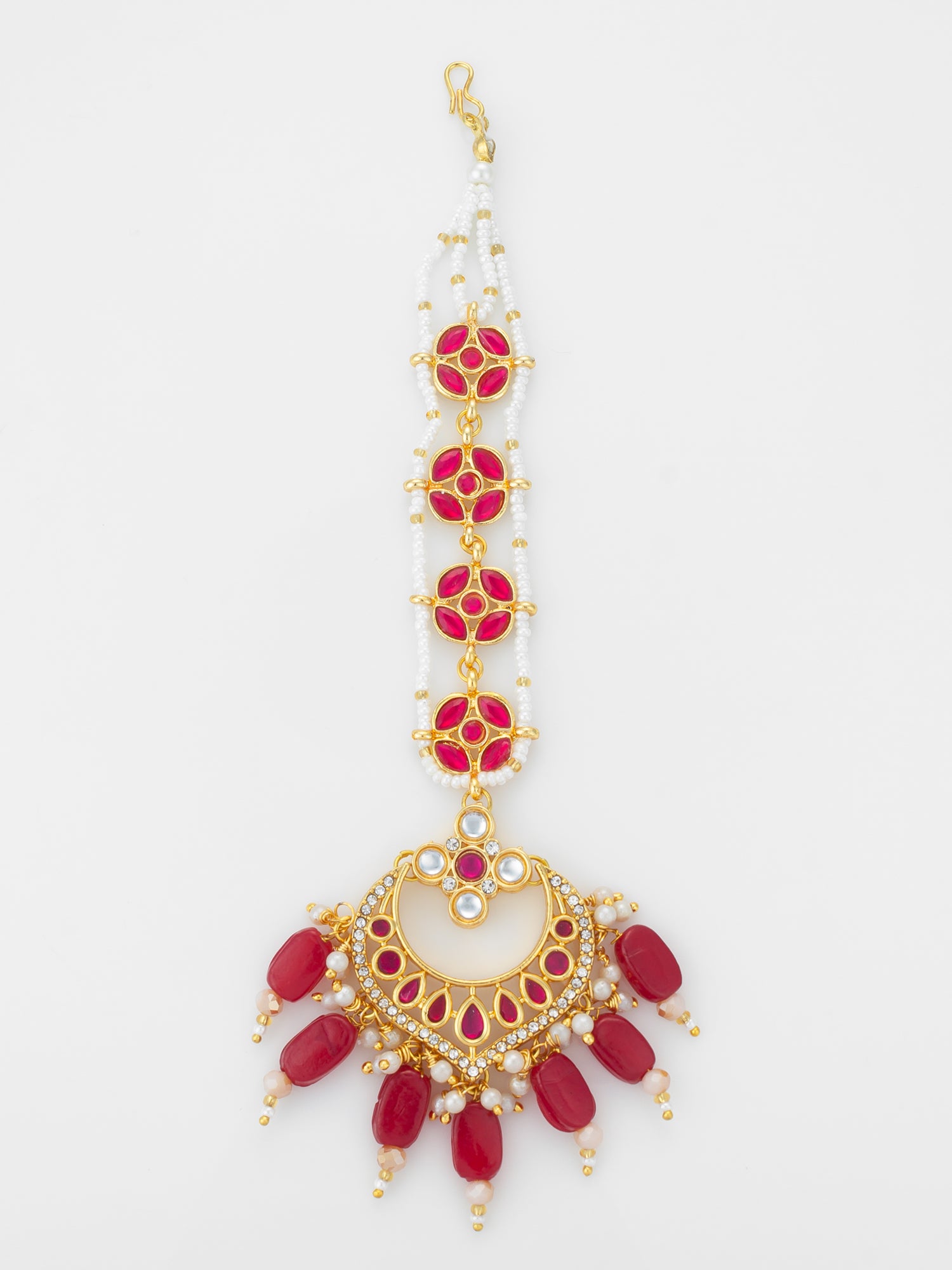 Aadita Gold Plated Kundan Chandbali Maang Tikka with Ruby Red Beads and Pearl Chain