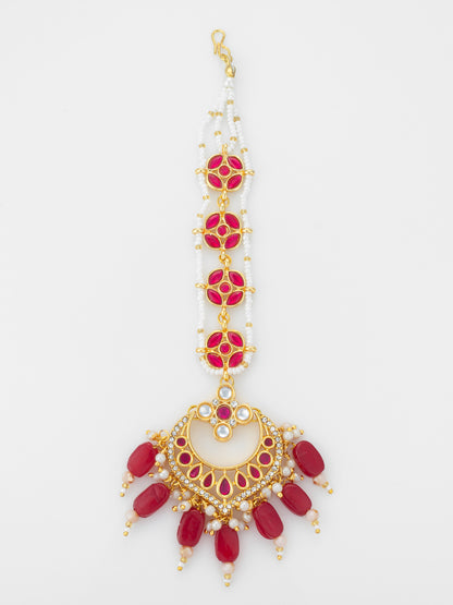 Aadita Gold Plated Kundan Chandbali Maang Tikka with Ruby Red Beads and Pearl Chain