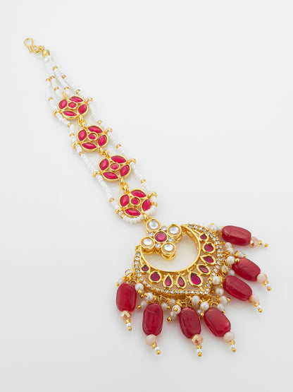 Aadita Gold Plated Kundan Chandbali Maang Tikka with Ruby Red Beads and Pearl Chain