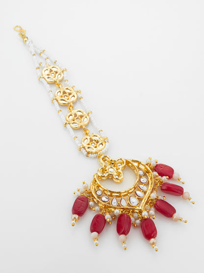 Aadita Gold Plated Kundan Chandbali Maang Tikka with Ruby Red Beads and Pearl Chain