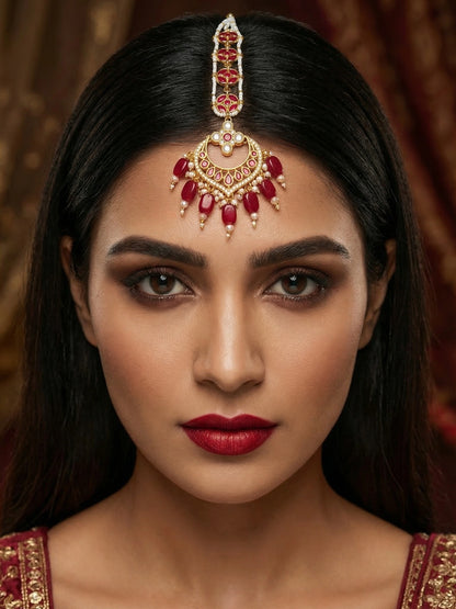 Aadita Gold Plated Kundan Chandbali Maang Tikka with Ruby Red Beads and Pearl Chain