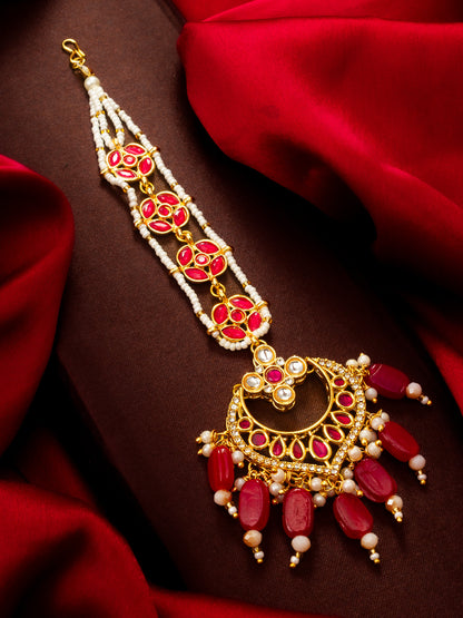Aadita Gold Plated Kundan Chandbali Maang Tikka with Ruby Red Beads and Pearl Chain