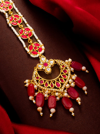 Aadita Gold Plated Kundan Chandbali Maang Tikka with Ruby Red Beads and Pearl Chain