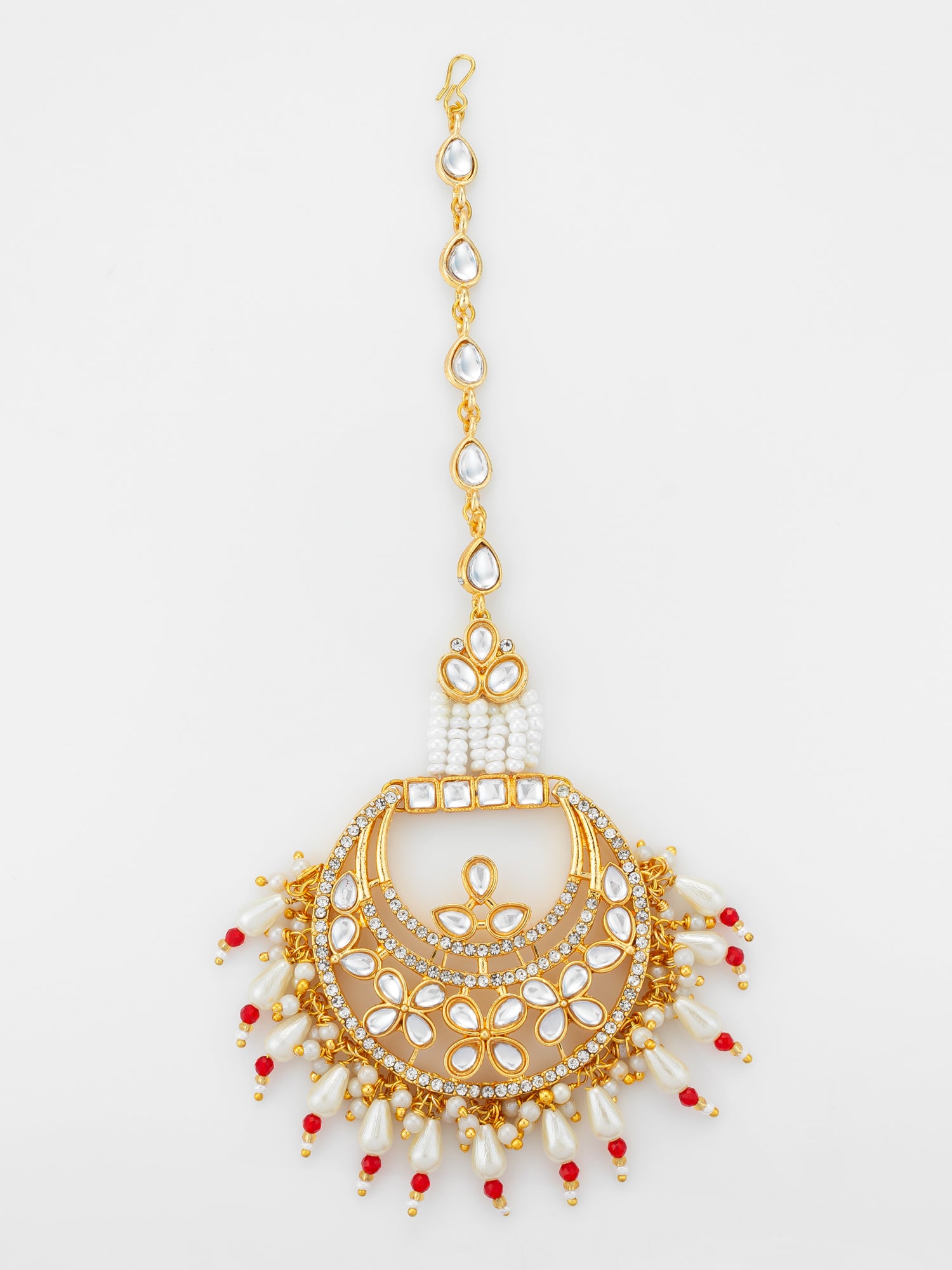 Aadita Gold Plated Kundan Chandbali Maang Tikka with Pearl and Red Crystal Drops