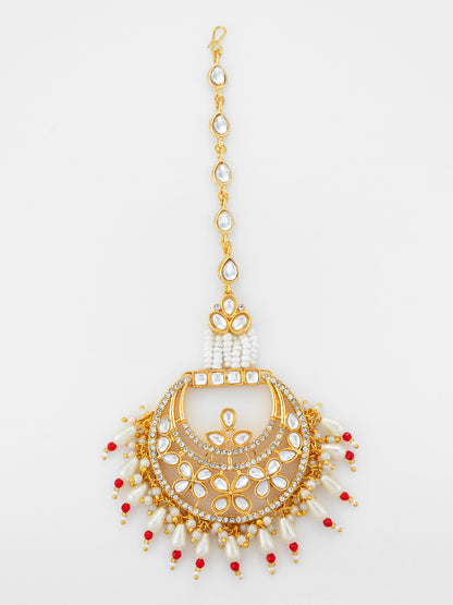 Aadita Gold Plated Kundan Chandbali Maang Tikka with Pearl and Red Crystal Drops