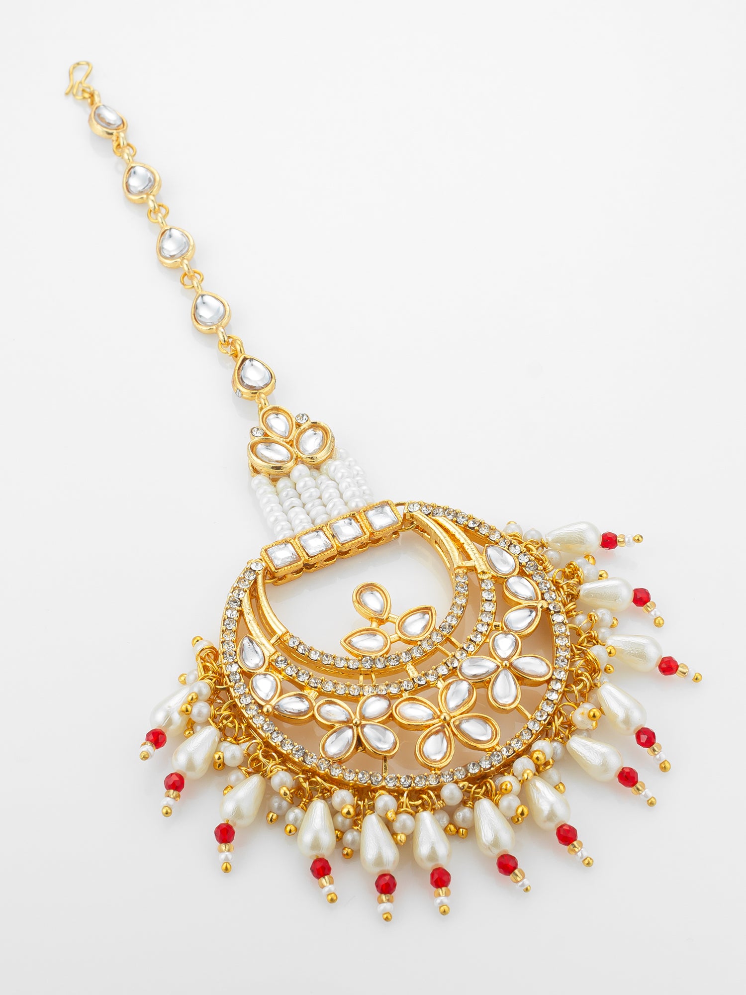 Aadita Gold Plated Kundan Chandbali Maang Tikka with Pearl and Red Crystal Drops
