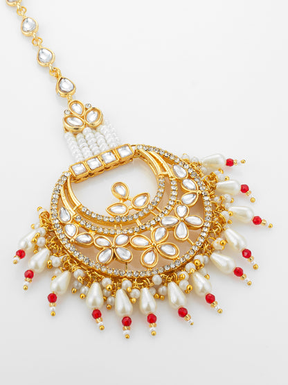 Aadita Gold Plated Kundan Chandbali Maang Tikka with Pearl and Red Crystal Drops
