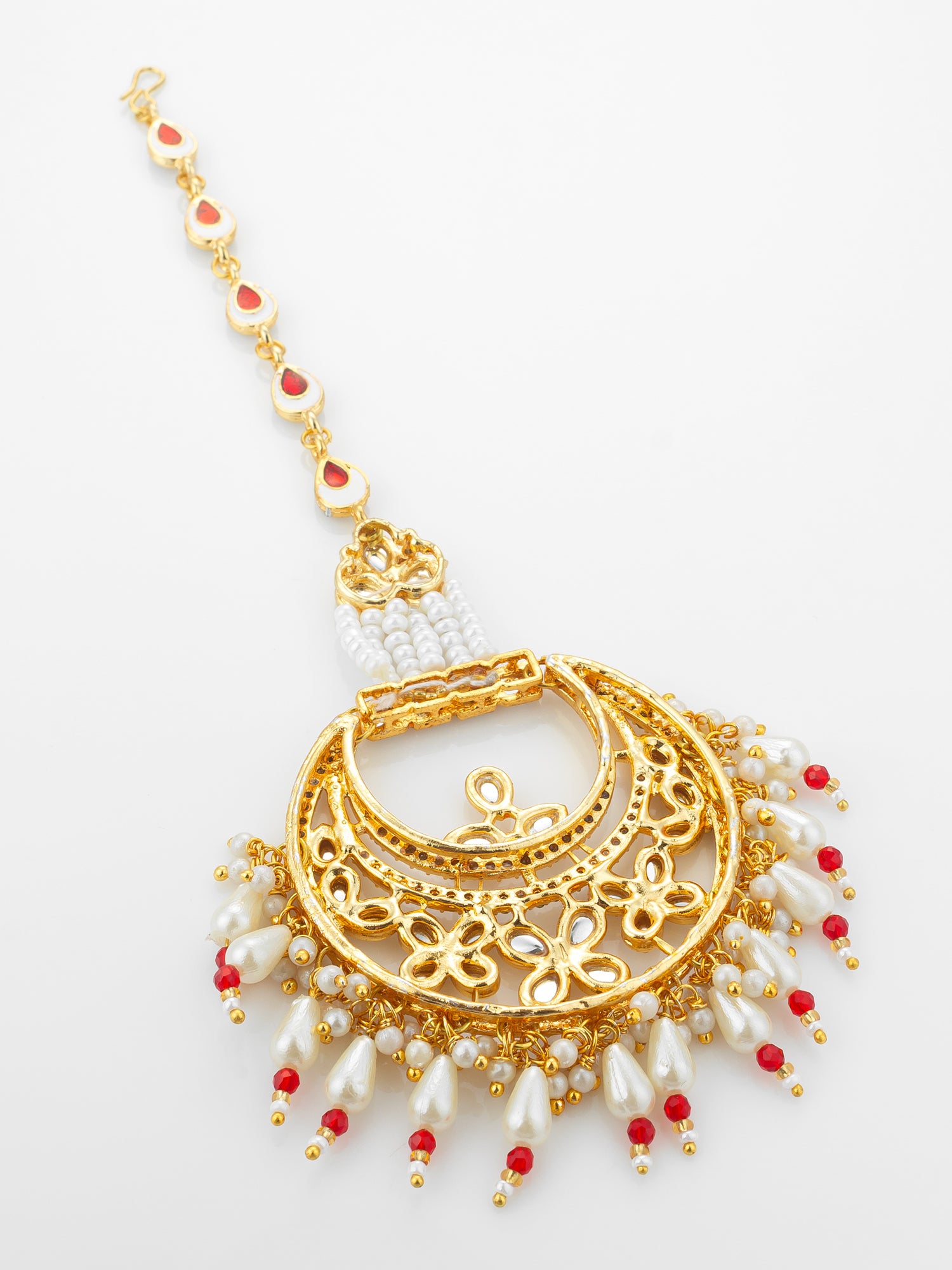 Aadita Gold Plated Kundan Chandbali Maang Tikka with Pearl and Red Crystal Drops