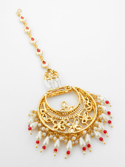 Aadita Gold Plated Kundan Chandbali Maang Tikka with Pearl and Red Crystal Drops