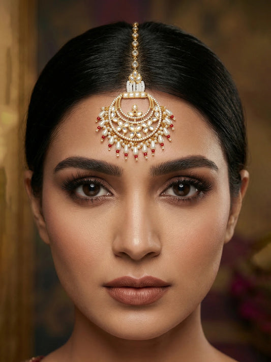 Aadita Gold Plated Kundan Chandbali Maang Tikka with Pearl and Red Crystal Drops