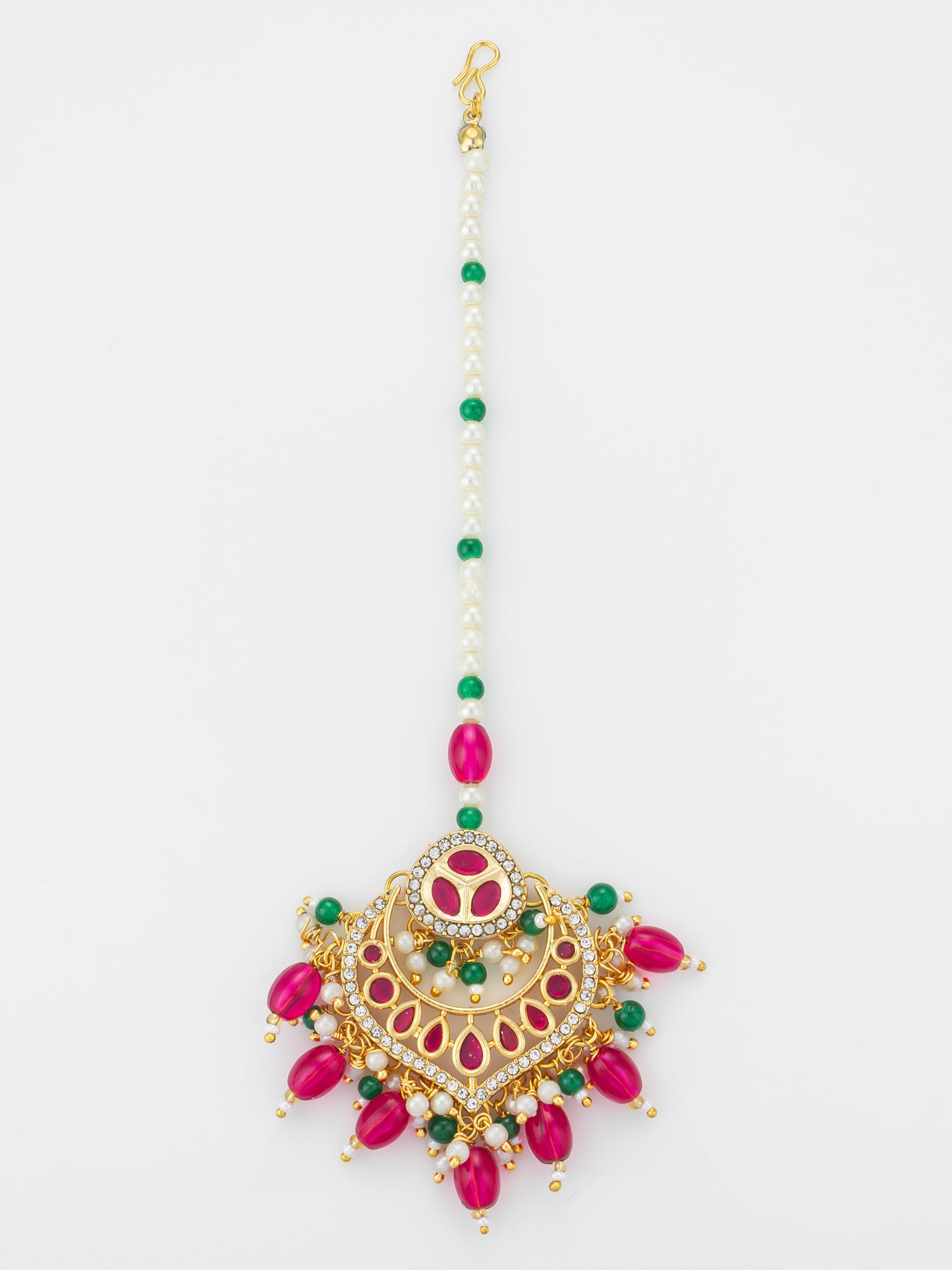 Aadita Gold Plated Kundan Maang Tikka with Pink and Green Beads