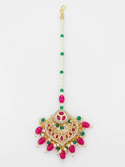 Aadita Gold Plated Kundan Maang Tikka with Pink and Green Beads