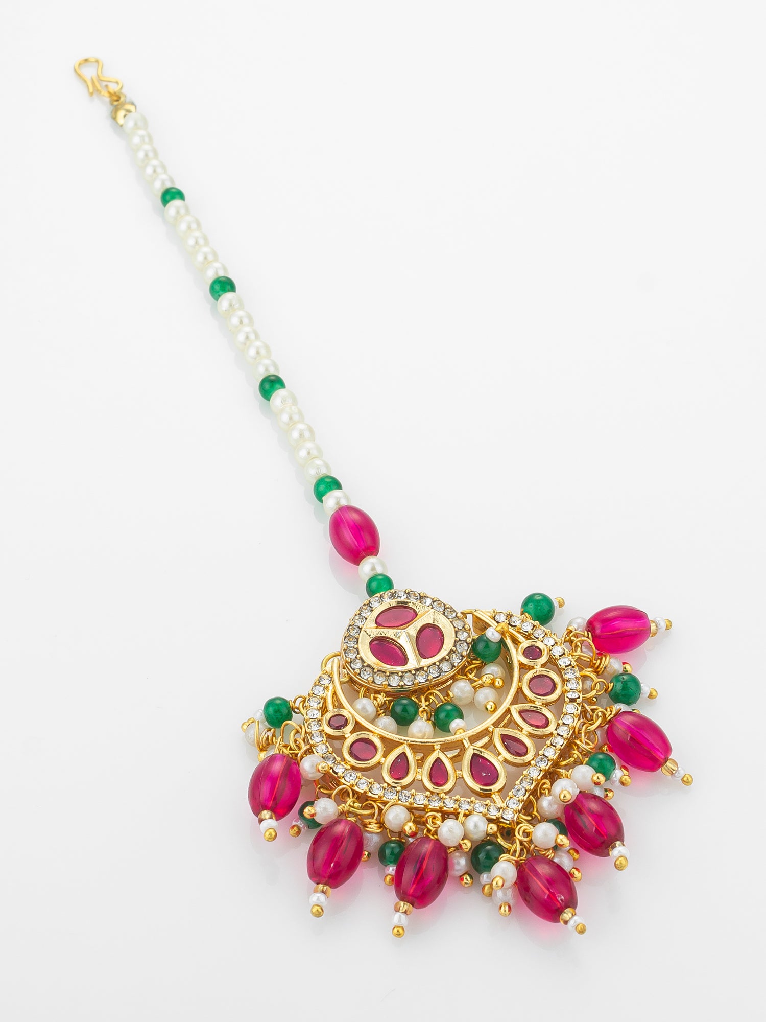 Aadita Gold Plated Kundan Maang Tikka with Pink and Green Beads