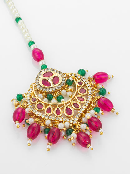 Aadita Gold Plated Kundan Maang Tikka with Pink and Green Beads