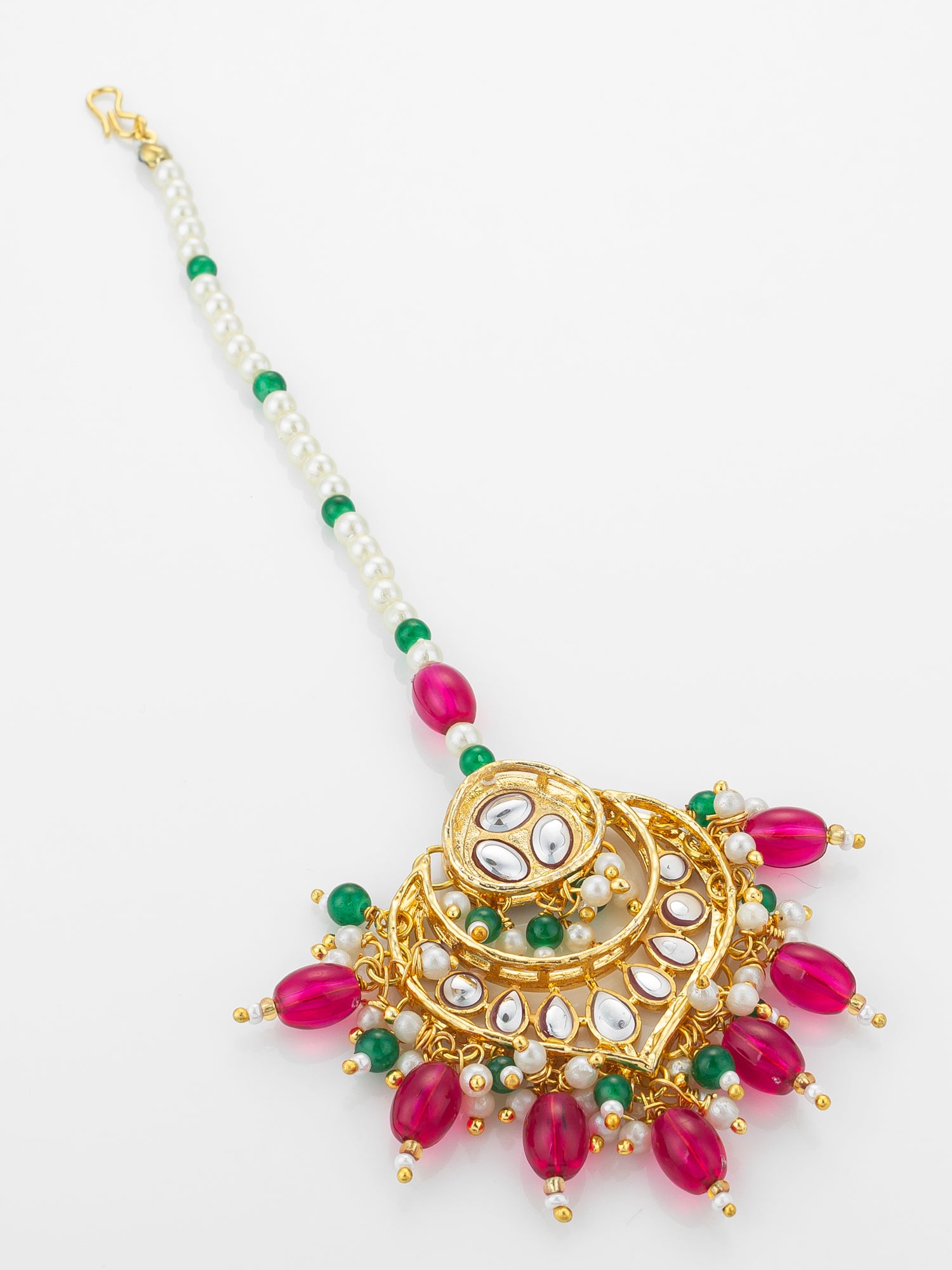 Aadita Gold Plated Kundan Maang Tikka with Pink and Green Beads