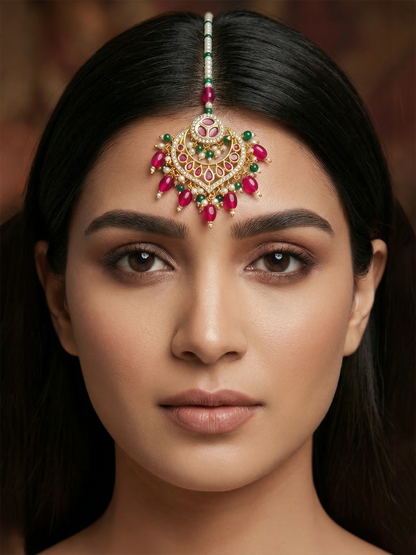 Aadita Gold Plated Kundan Maang Tikka with Pink and Green Beads
