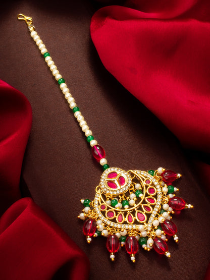 Aadita Gold Plated Kundan Maang Tikka with Pink and Green Beads