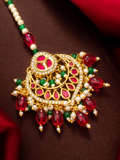 Aadita Gold Plated Kundan Maang Tikka with Pink and Green Beads