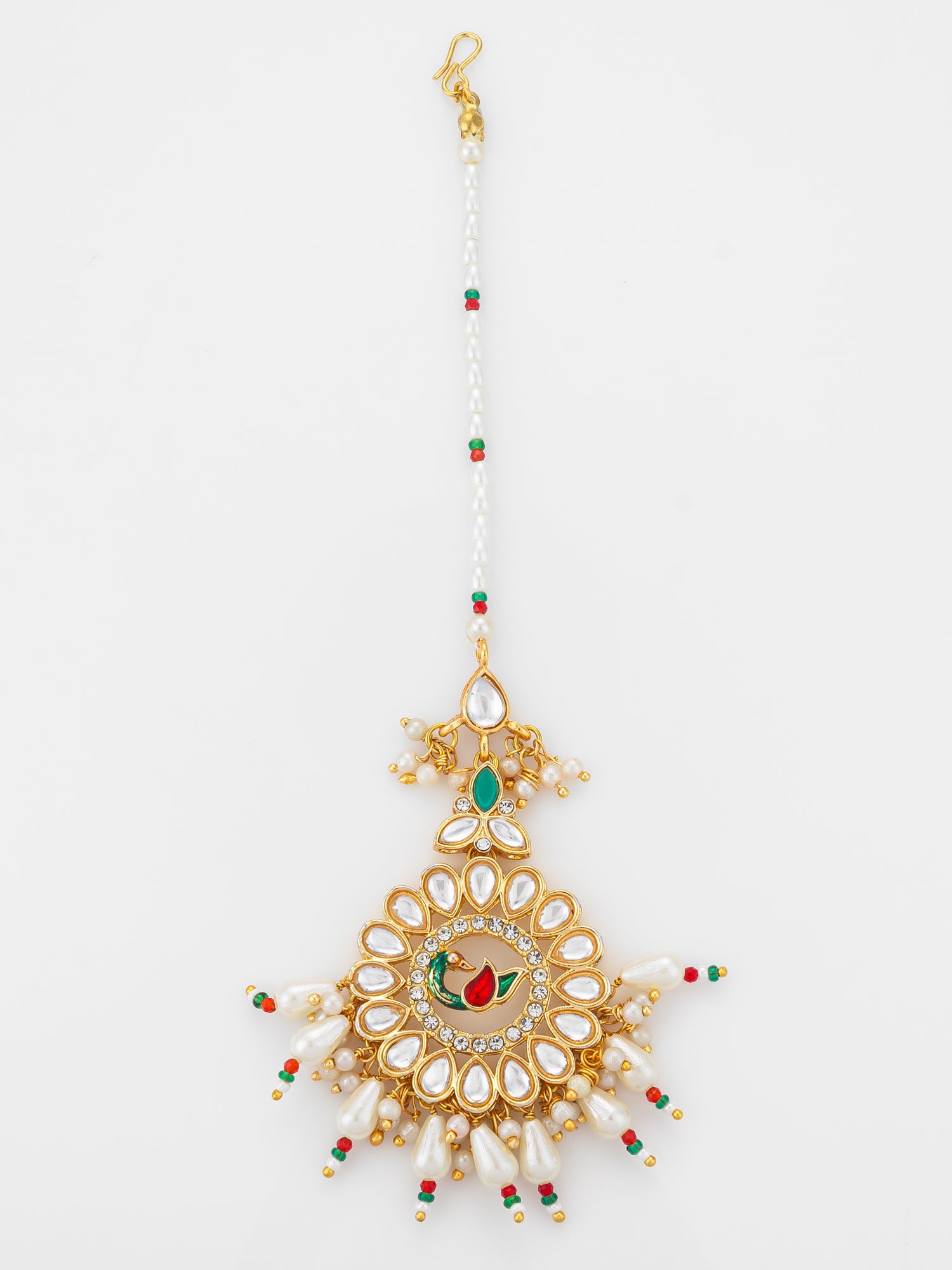 Aadita Gold Plated Kundan Peacock Maang Tikka with Pearl and Red-Green Bead Chain