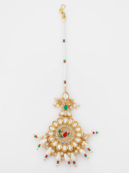 Aadita Gold Plated Kundan Peacock Maang Tikka with Pearl and Red-Green Bead Chain