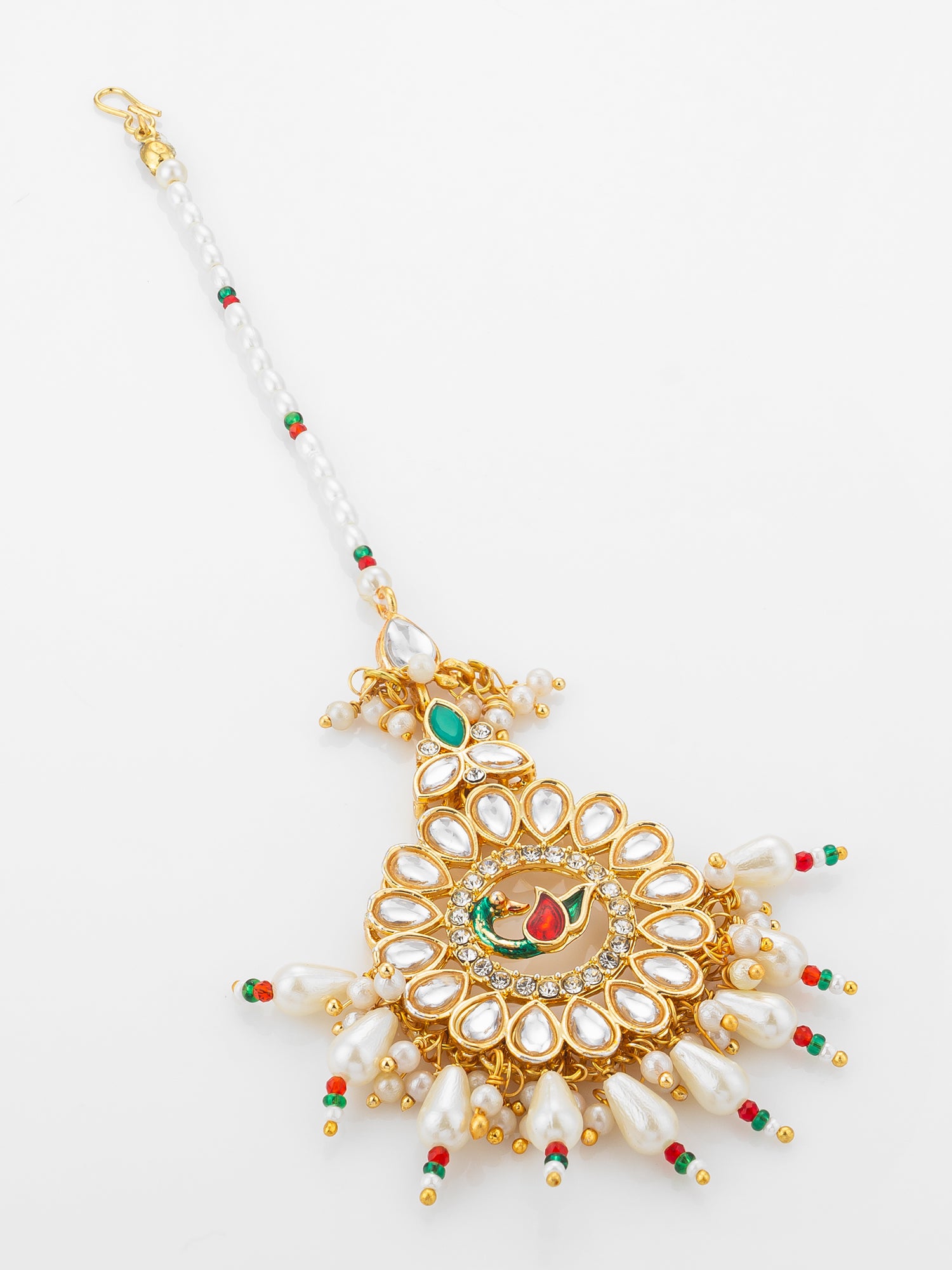 Aadita Gold Plated Kundan Peacock Maang Tikka with Pearl and Red-Green Bead Chain