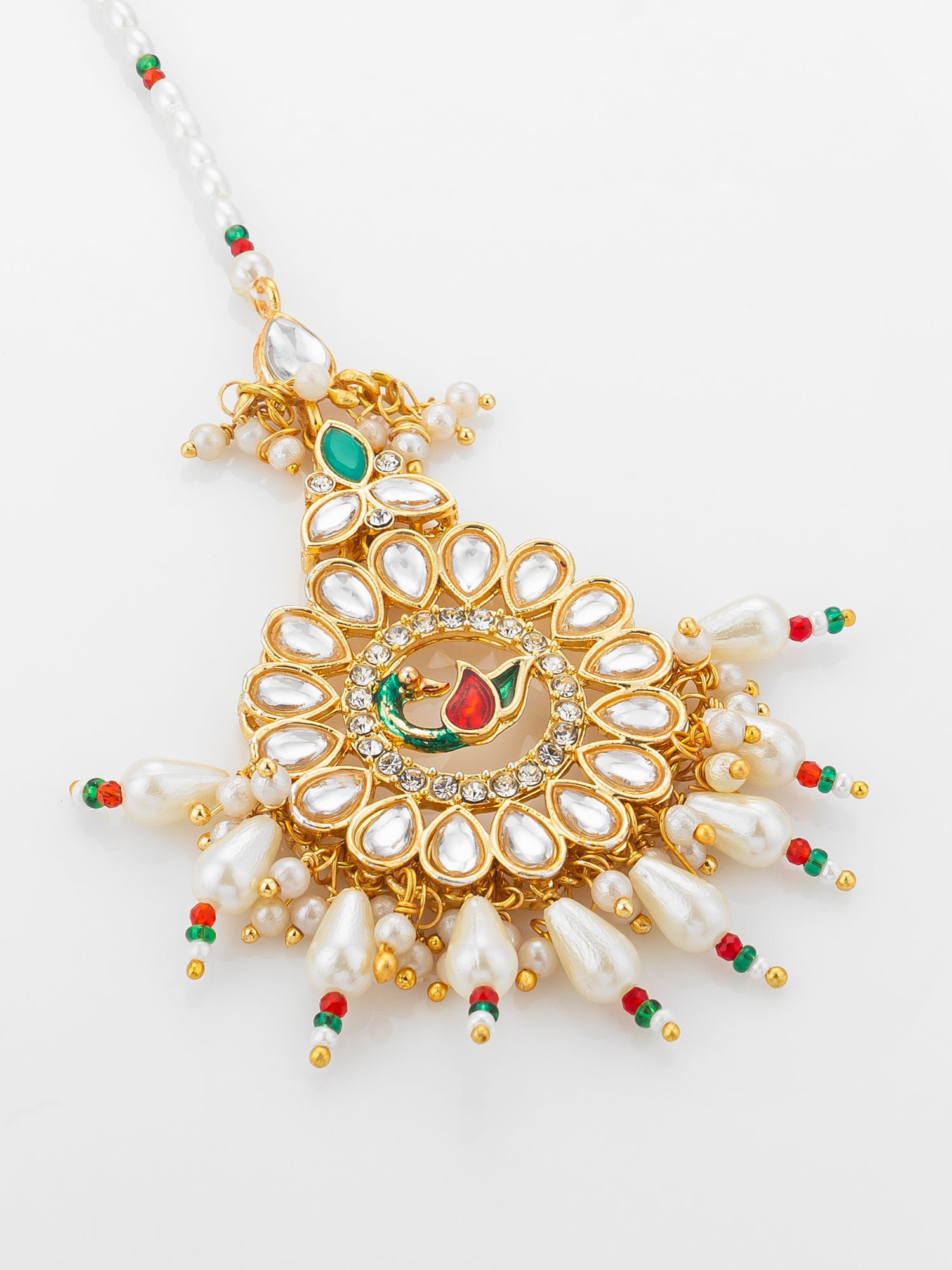 Aadita Gold Plated Kundan Peacock Maang Tikka with Pearl and Red-Green Bead Chain