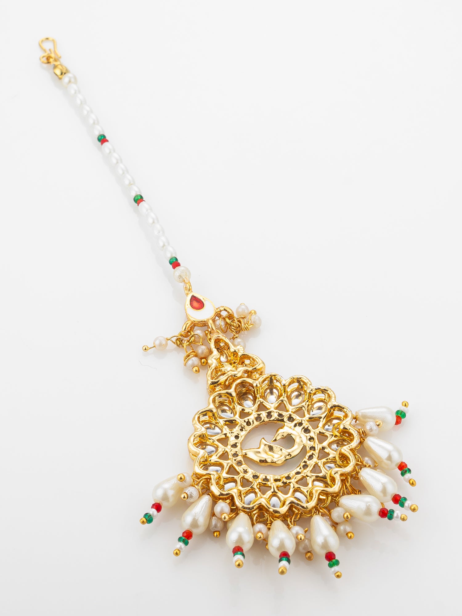 Aadita Gold Plated Kundan Peacock Maang Tikka with Pearl and Red-Green Bead Chain