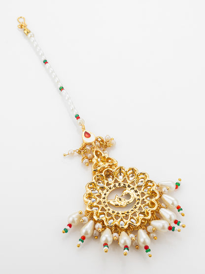 Aadita Gold Plated Kundan Peacock Maang Tikka with Pearl and Red-Green Bead Chain