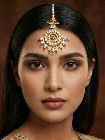 Aadita Gold Plated Kundan Peacock Maang Tikka with Pearl and Red-Green Bead Chain