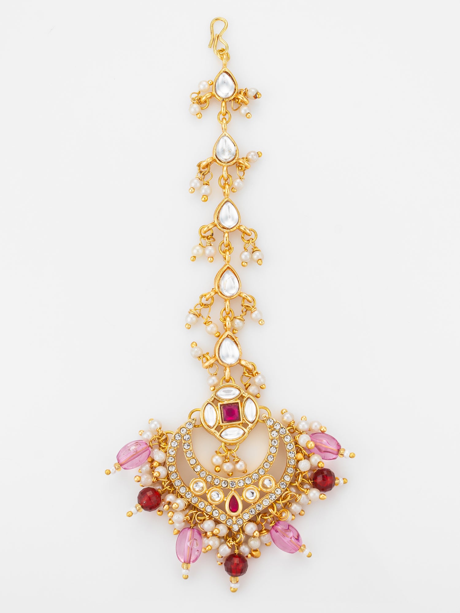 Aadita Gold Plated Kundan Chandbali Maang Tikka with Pink and Maroon Bead Drops
