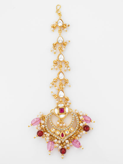 Aadita Gold Plated Kundan Chandbali Maang Tikka with Pink and Maroon Bead Drops