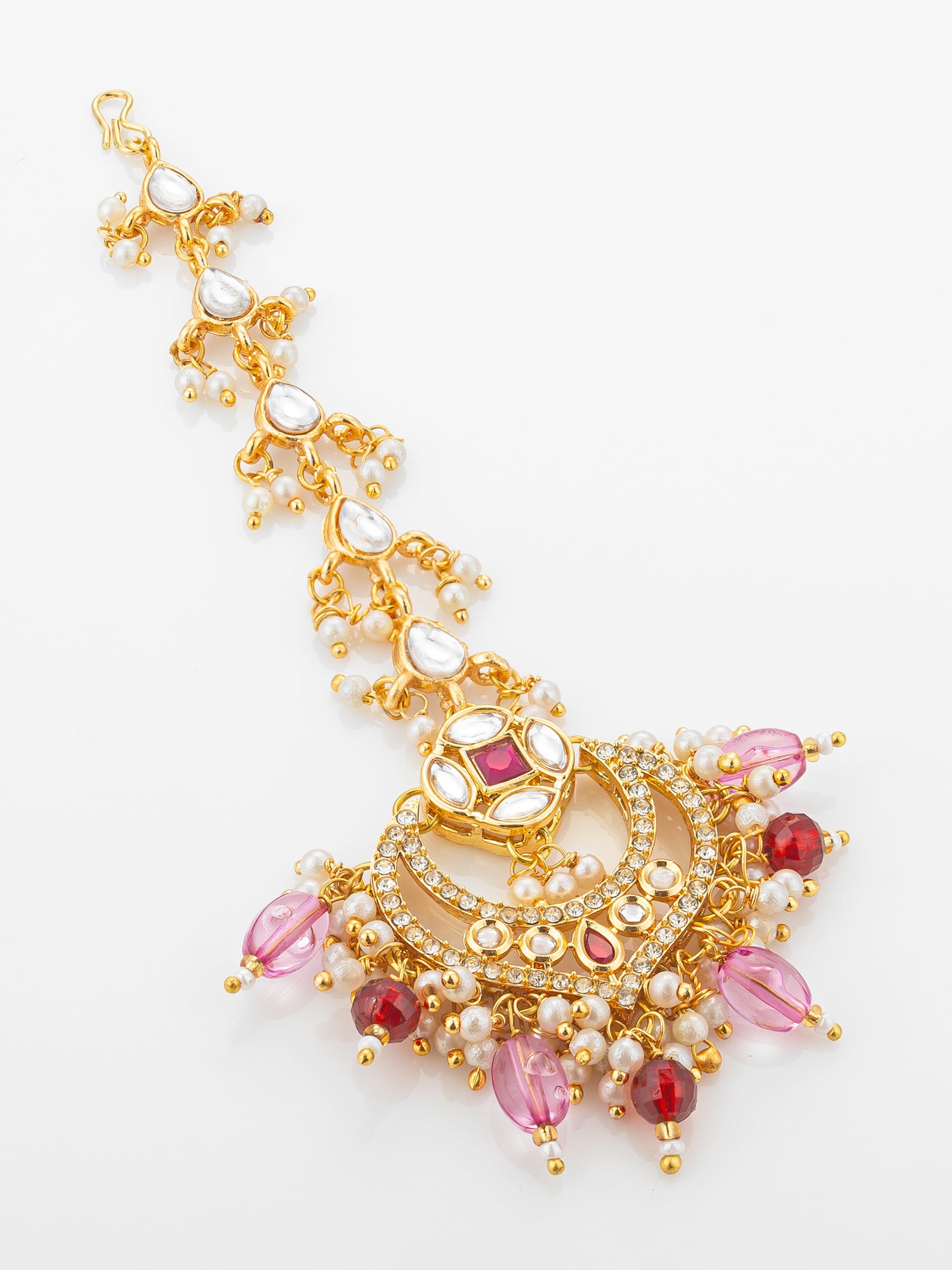 Aadita Gold Plated Kundan Chandbali Maang Tikka with Pink and Maroon Bead Drops