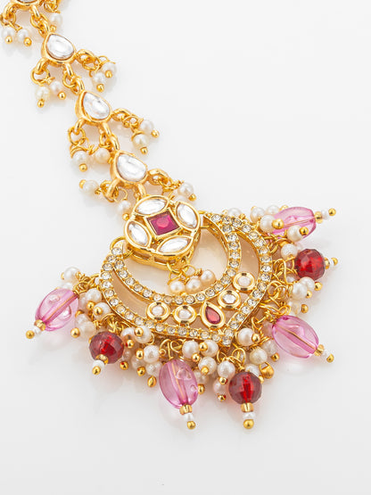 Aadita Gold Plated Kundan Chandbali Maang Tikka with Pink and Maroon Bead Drops
