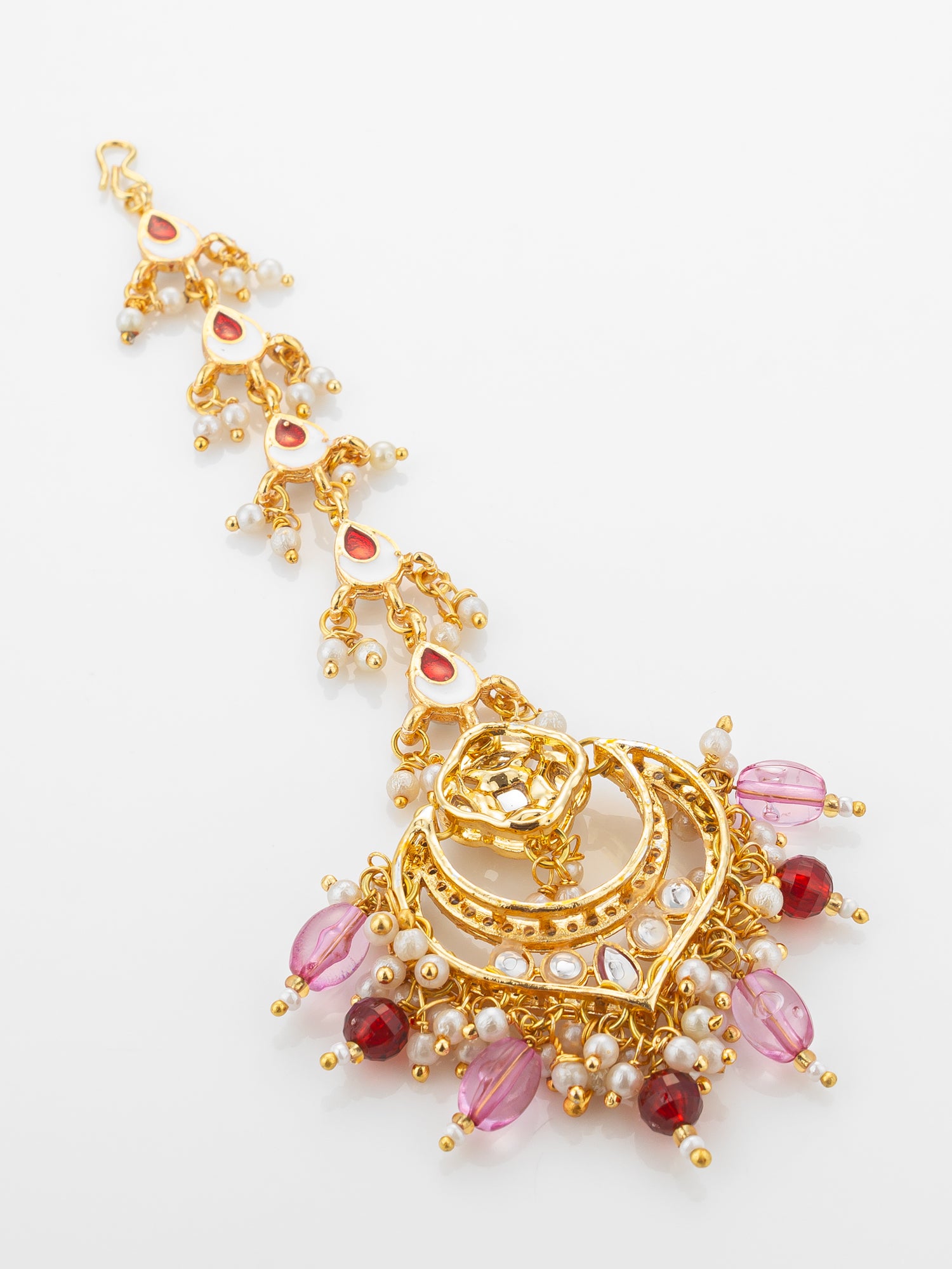 Aadita Gold Plated Kundan Chandbali Maang Tikka with Pink and Maroon Bead Drops