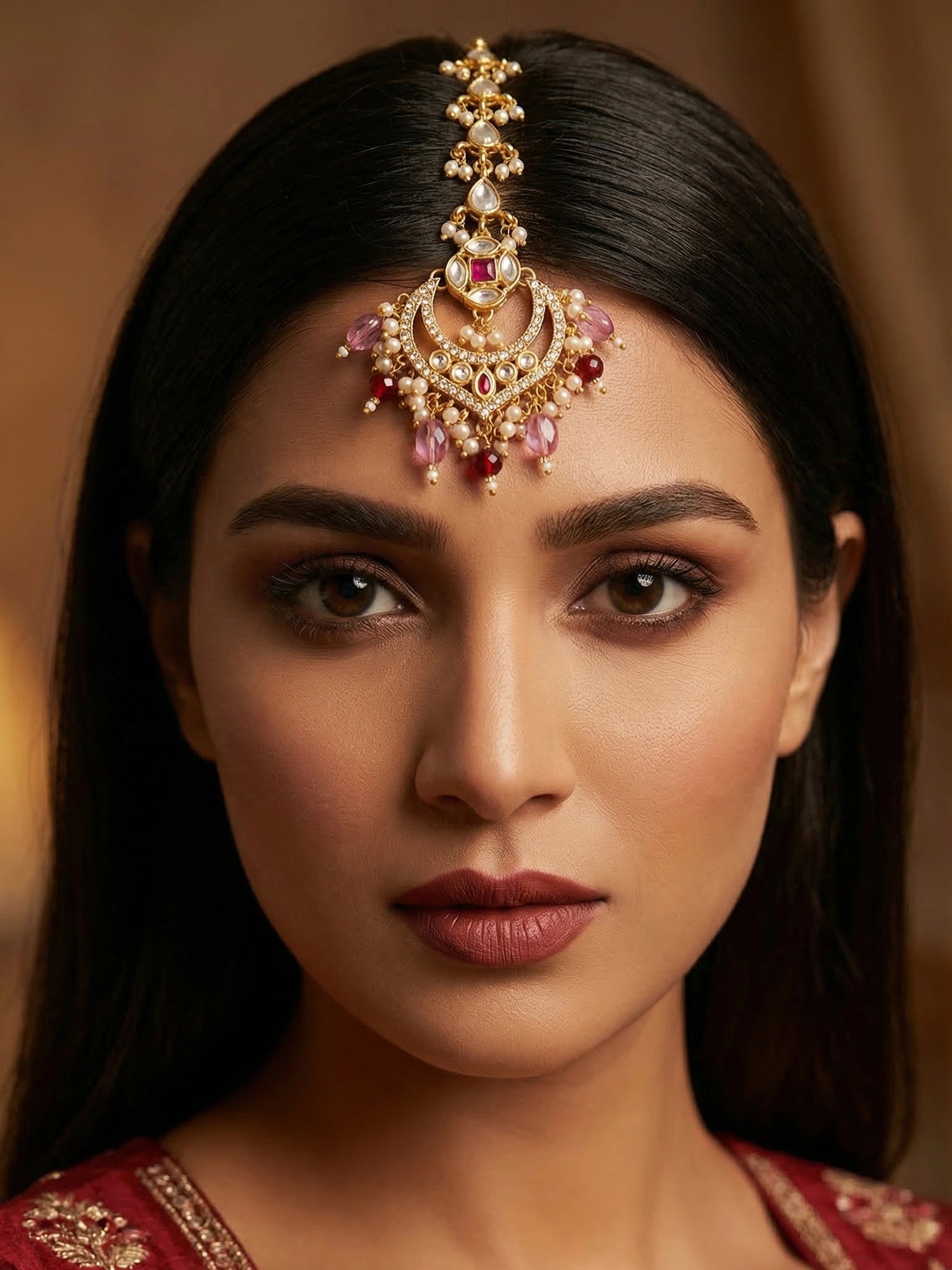 Aadita Gold Plated Kundan Chandbali Maang Tikka with Pink and Maroon Bead Drops
