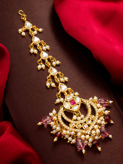 Aadita Gold Plated Kundan Chandbali Maang Tikka with Pink and Maroon Bead Drops