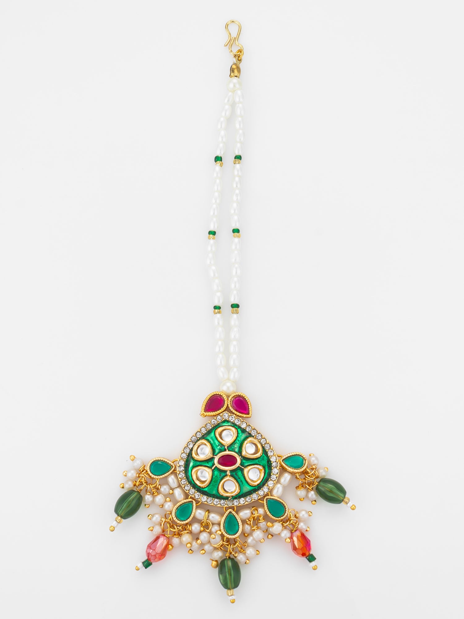 Aadita Gold Plated Kundan Mangtika with Green Meenakari Pendant and Pearl Bead Chain