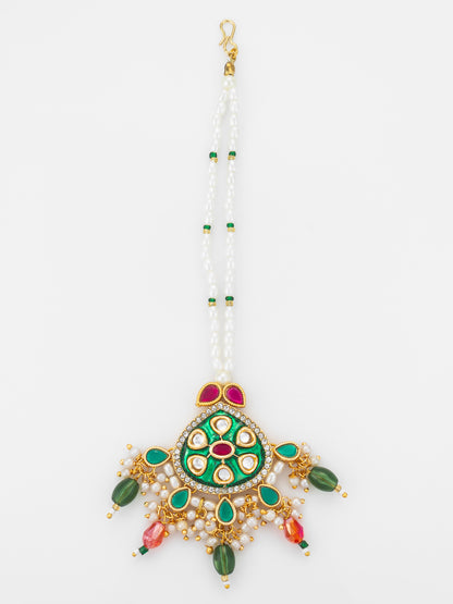 Aadita Gold Plated Kundan Mangtika with Green Meenakari Pendant and Pearl Bead Chain