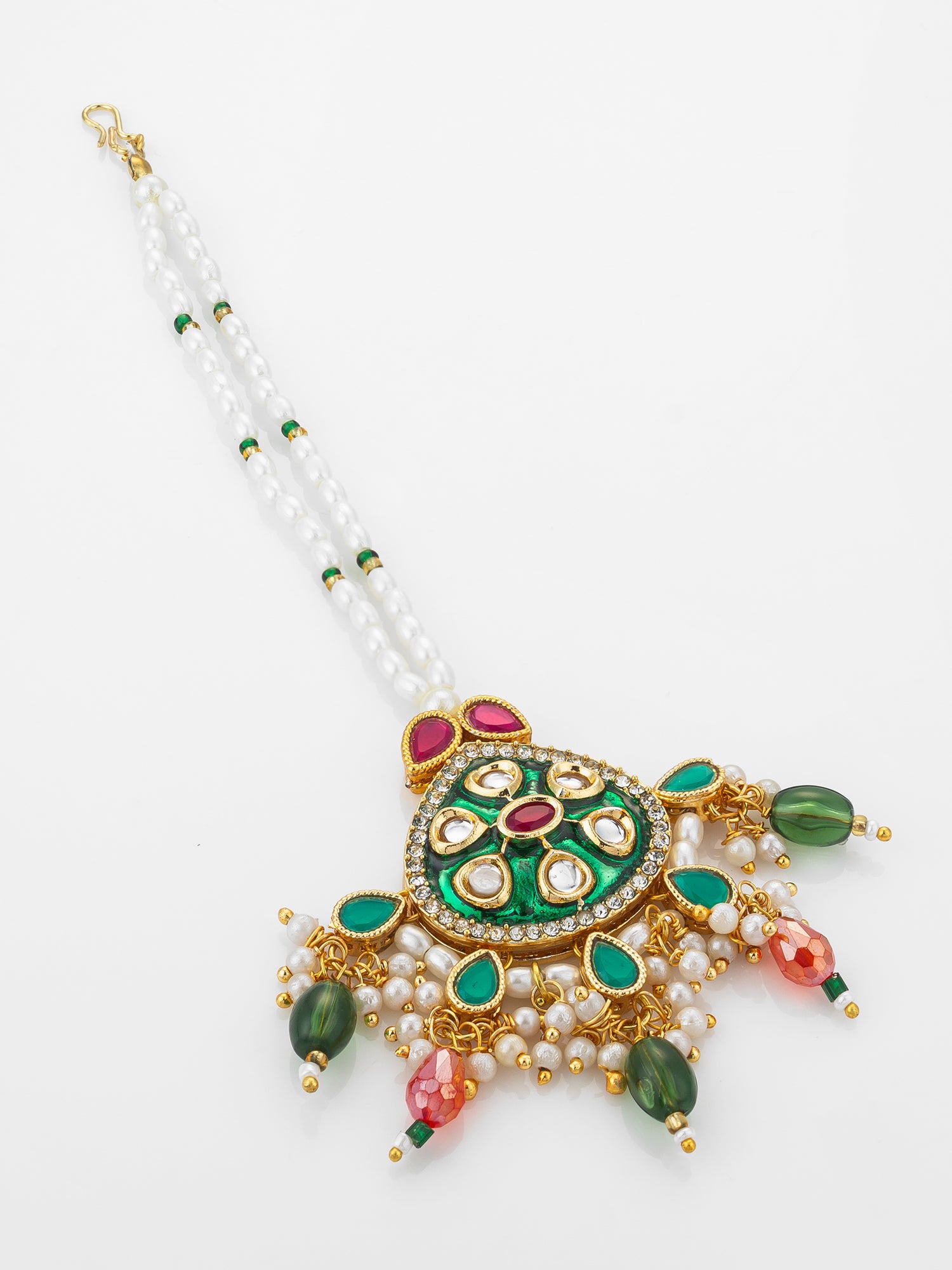 Aadita Gold Plated Kundan Mangtika with Green Meenakari Pendant and Pearl Bead Chain