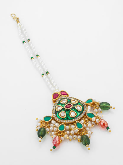 Aadita Gold Plated Kundan Mangtika with Green Meenakari Pendant and Pearl Bead Chain