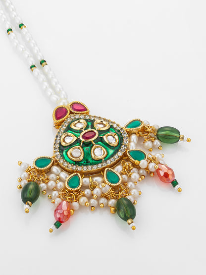 Aadita Gold Plated Kundan Mangtika with Green Meenakari Pendant and Pearl Bead Chain
