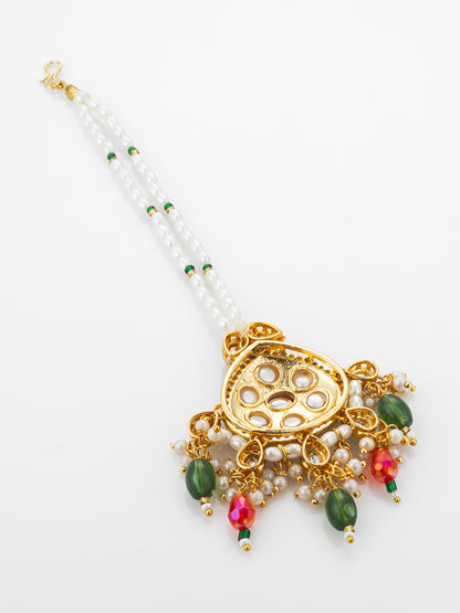 Aadita Gold Plated Kundan Mangtika with Green Meenakari Pendant and Pearl Bead Chain